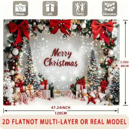 2D Christmas Party Banner, Polyester Snow Scene Backdrop with Red Hat and Festive Design, Perfect Wall Decoration for Holiday Events and Photo Props