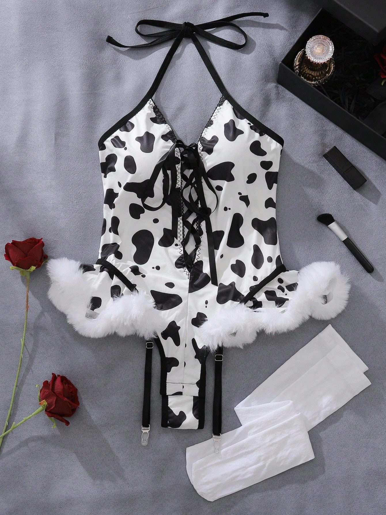 3-Piece Sexy Cow Print Ruffle Romper Set with Garter Belt and Thigh-High Stockings