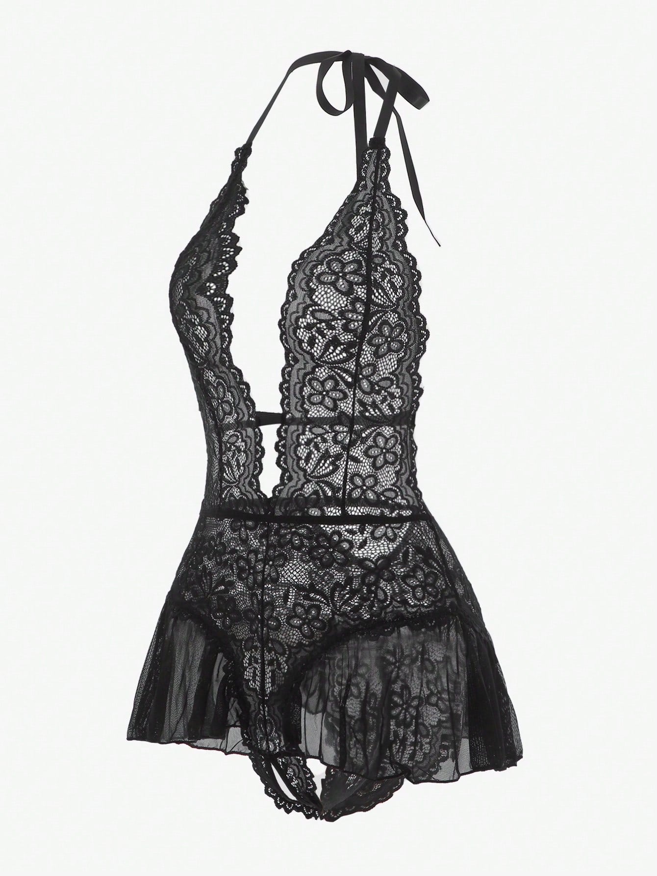 Floral Lace Scallop Trim Halter Teddy Bodysuit Lingerie