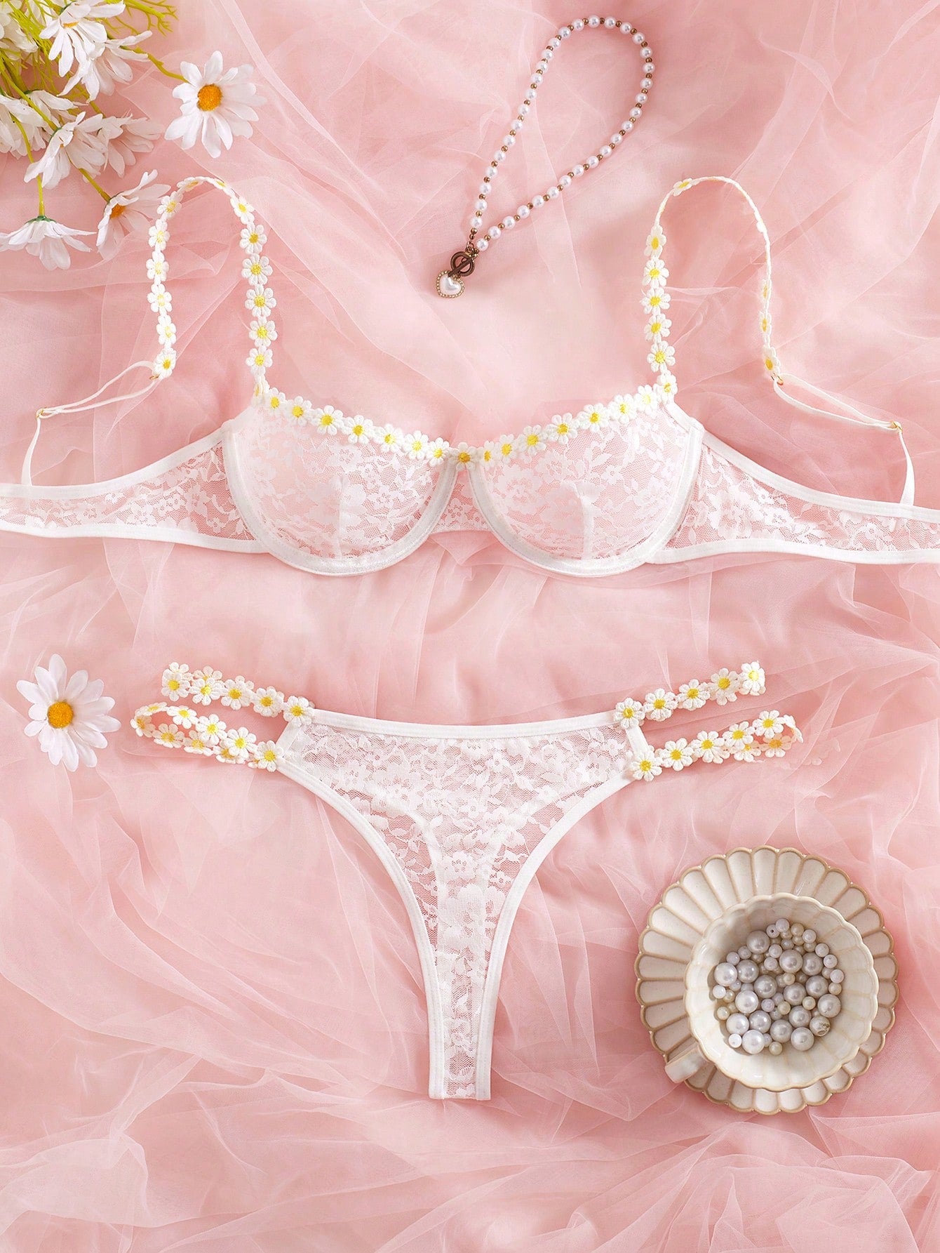 Sheer Mesh Contrast Lace Floral Embroidery Underwire Lingerie Set