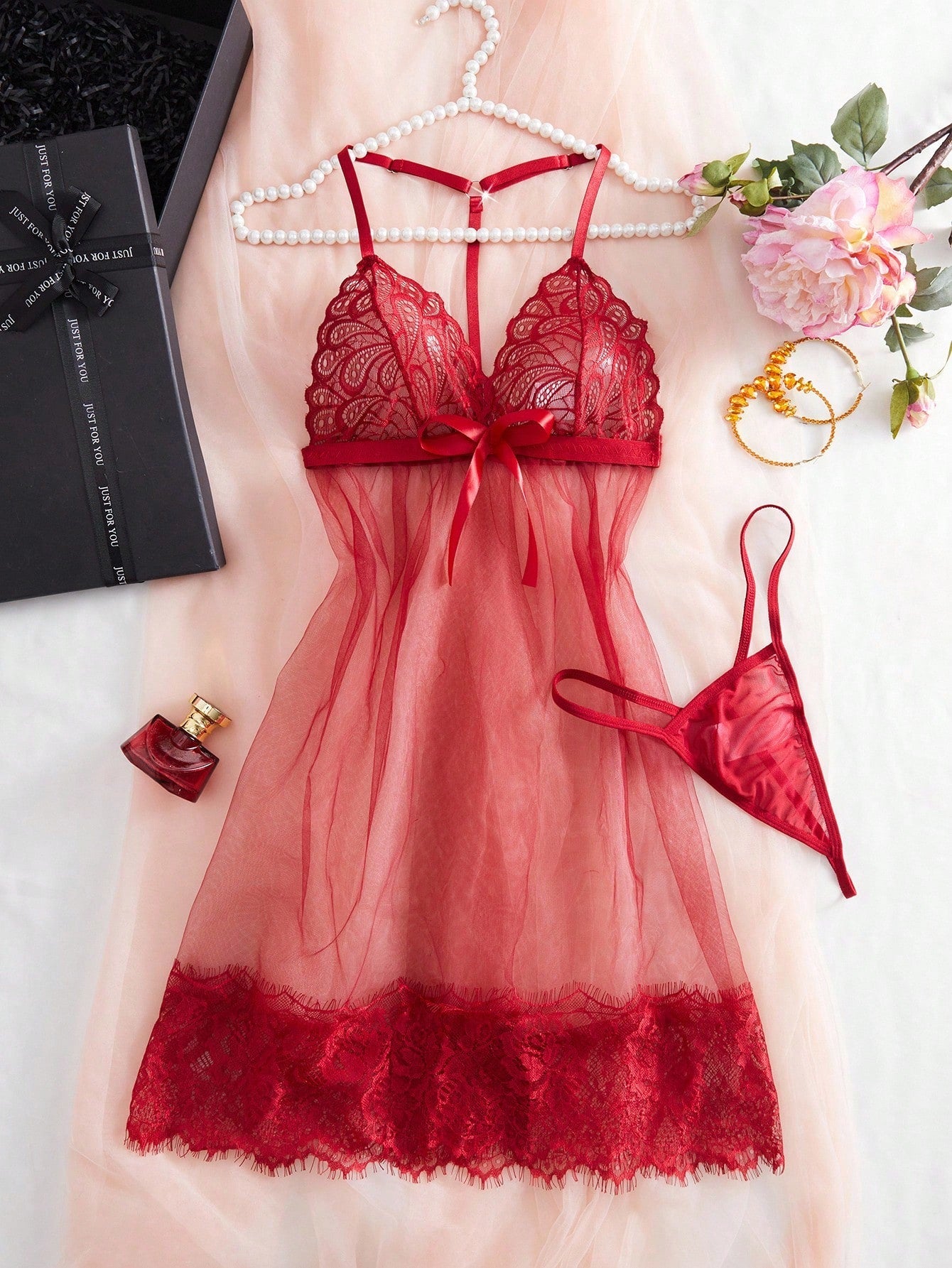 2pcs White Lace Sexy Sleepwear Dress Set For Going Out