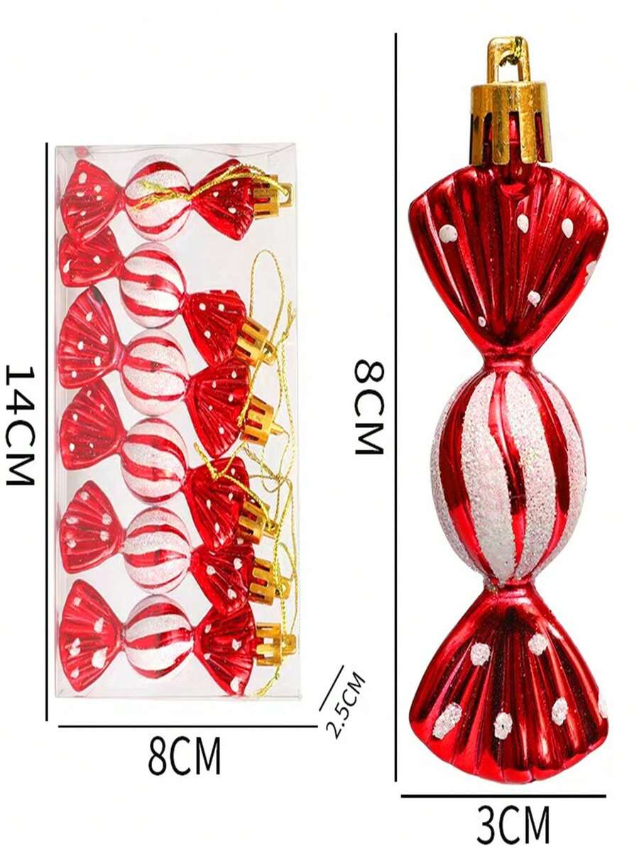 6pcs Red & White Plastic Christmas Ornaments, Striped, Polka Dot & Gingerbread Designs, Durable Lightweight Tree Decorations for Home & Holiday Decor
