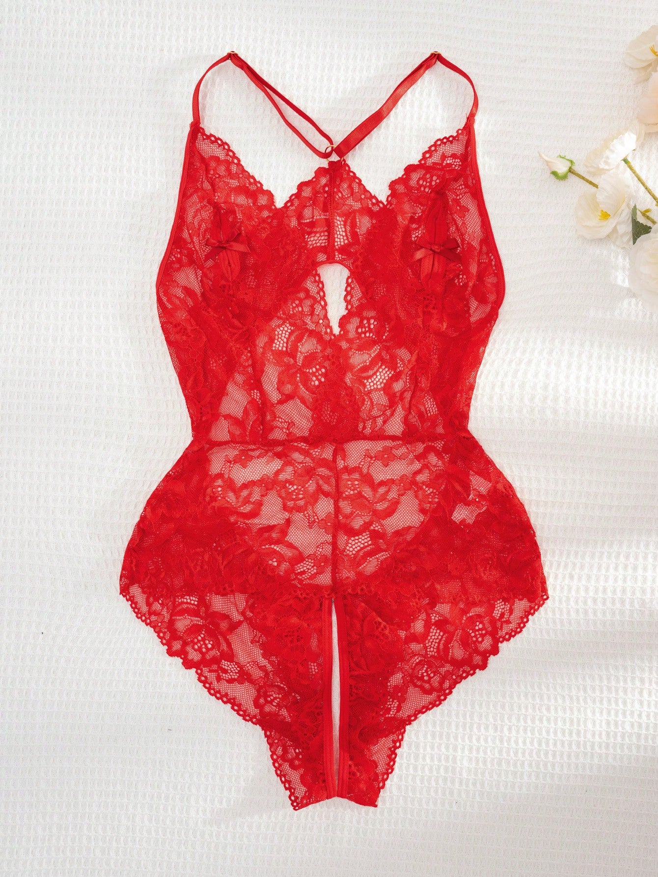 1 Pc Women's Solid Color Lace Bow Sexy Bodysuit For Going Out