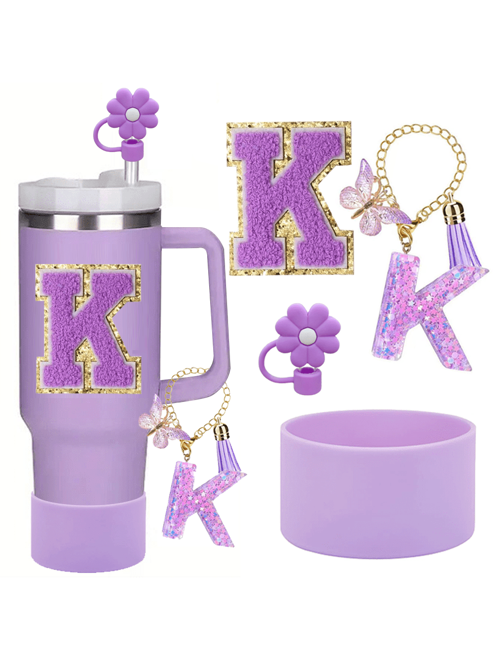 A–Z Cup Accessory Set (4pcs) with Straw Cap, Letter Pendant, Silicone Cup Boot, and Letter Sticker, Personalized Surprise Gift for Friends and Family