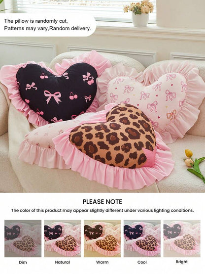 1pc Leopard Print Heart-Shaped Throw Pillow, Romantic French Ruffle Design, Decorative Cushion for Sofa, Bedroom or Living Room, OEKO-TEX Certified
