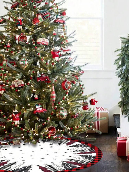 Red & Black Plaid Christmas Tree Skirt, Snowflake Pattern Round Tree Mat, Soft Decorative Base Cover for Living Room & Winter Holiday Home Decor