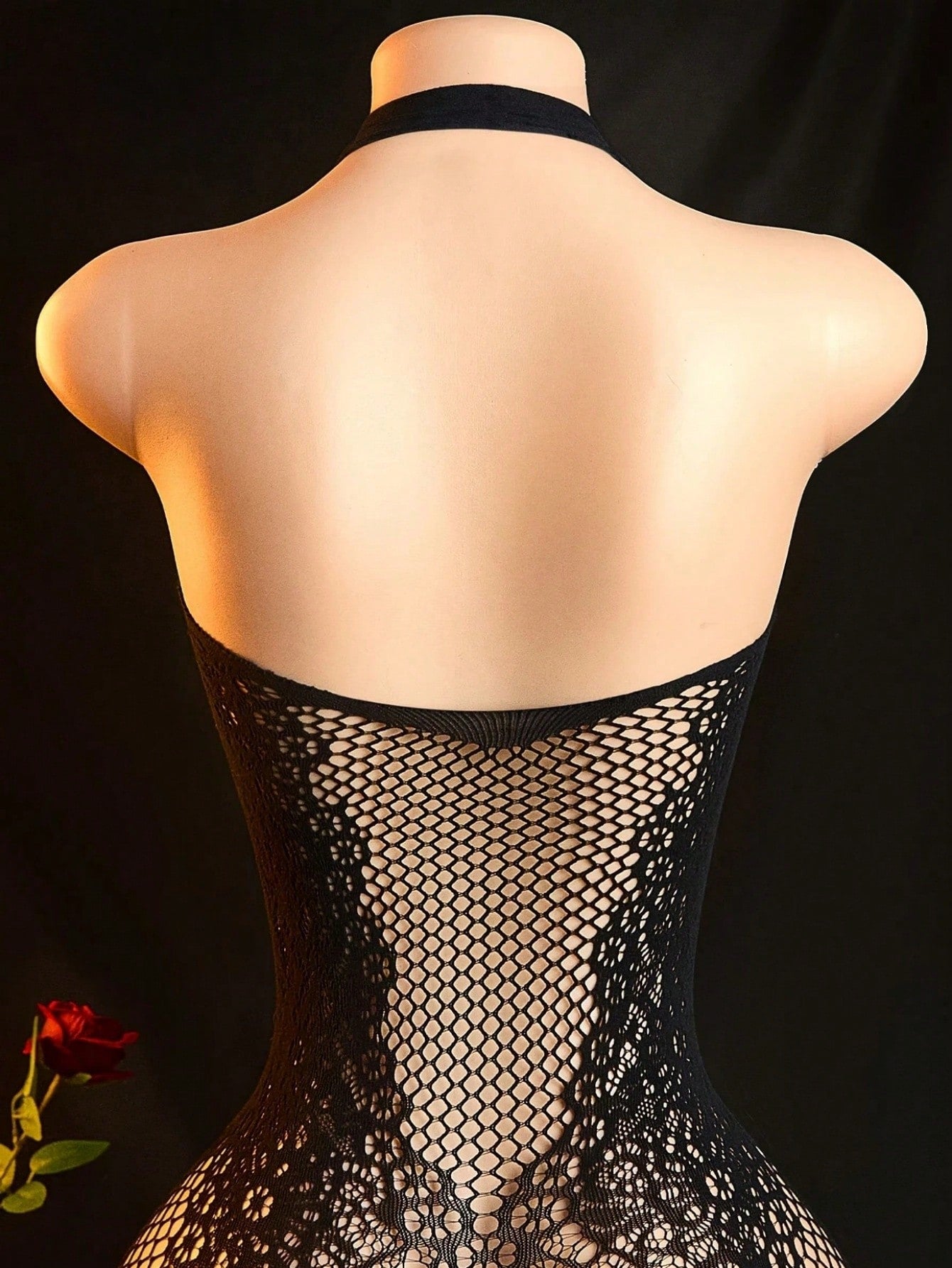 Women's Sexy Lingerie Bodystocking, Halter Neck Open Crotch Design, High-Elasticity Nylon & Elastane Blend, Sleek Black Fishnet Patterned Mesh, Hollow Out Details, Stretchy, Non-Transparent, Hand Washable, Intimate Apparel For Adults, Rave