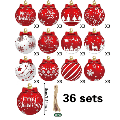 12pcs Wooden Christmas Ball Hanging Ornaments, Flat 2D Plaque Style Tree Decorations for Holiday Home & Christmas Decor