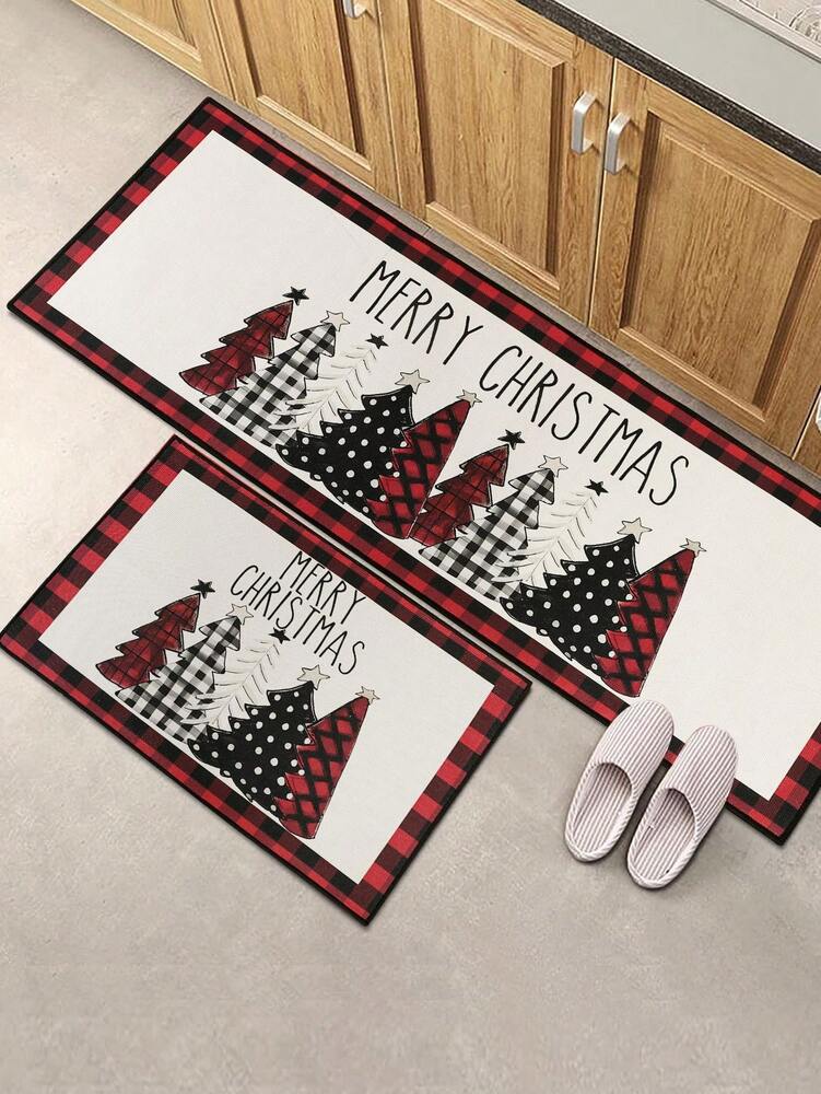 Merry Christmas Red Plaid Door Mat, Non-Slip Washable Entry Rug with Tree Print, Holiday Welcome Mat for Front Door or Home Decor
