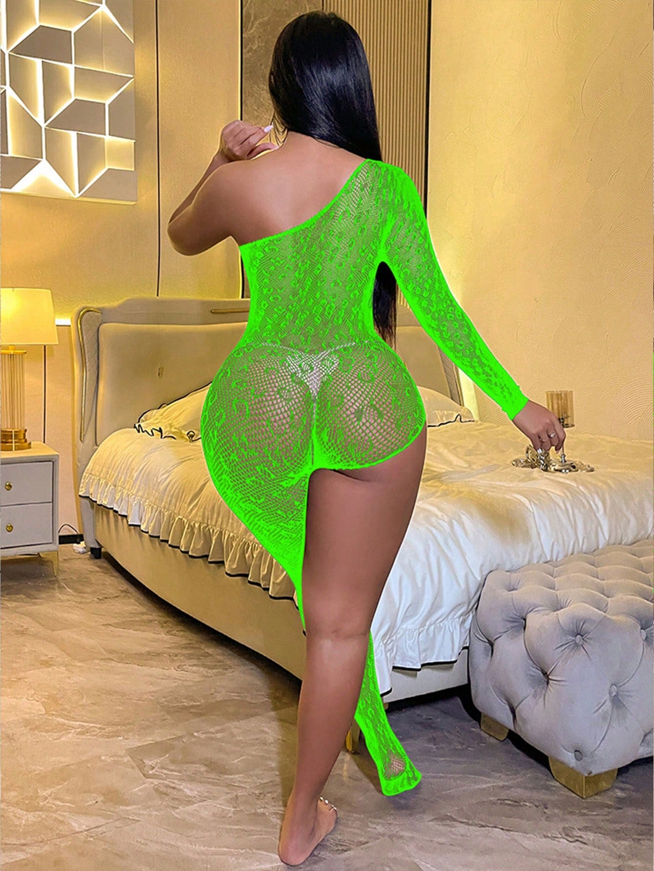 Long Sleeve Fishnet Hollow-Out Bodysuit Leopard Print Bikini Cover-Up