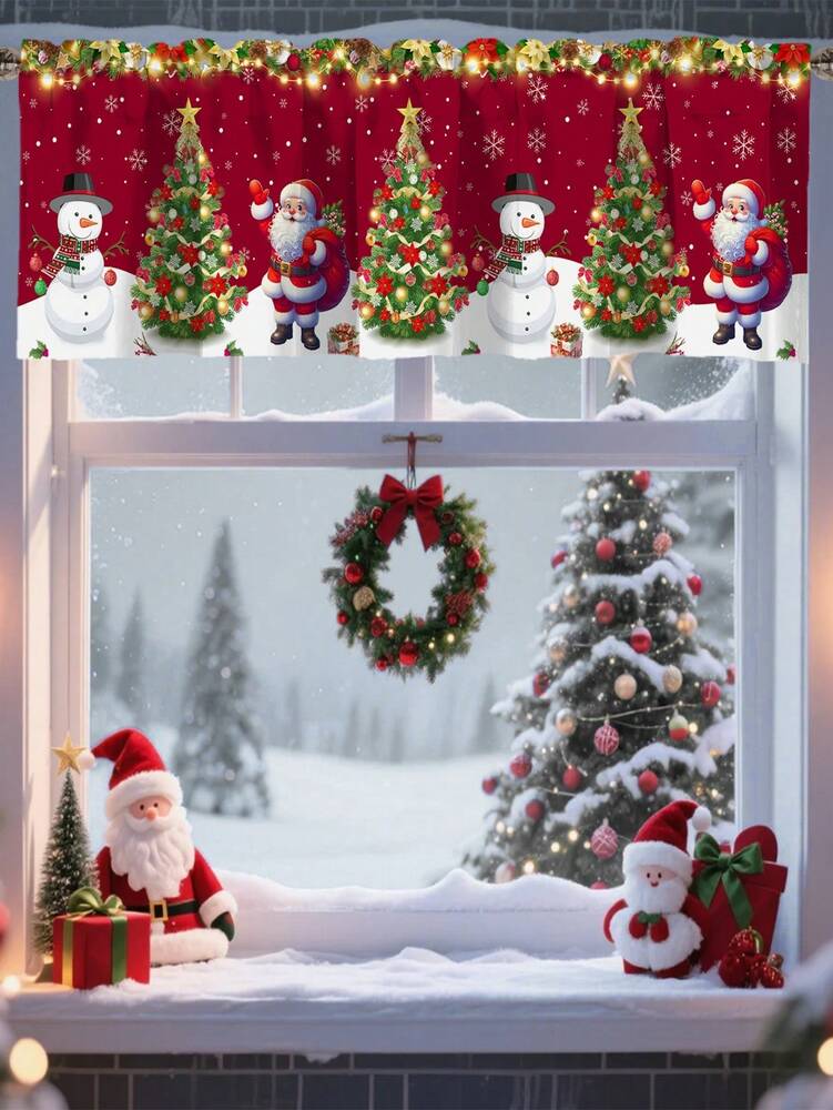 Santa Claus & Snowman Christmas Curtain Valance, 1–2 Piece Polyester Window Decor with Rod Pocket for Kitchen, Living Room or Bedroom