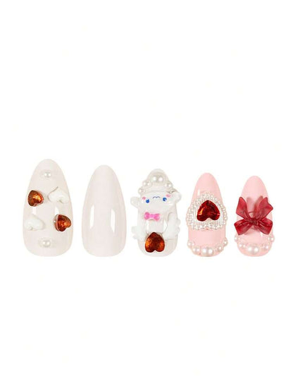24pcs Medium Almond Press On Nails, 3D Cute Kitty And Puppy Design With Pearl Bow Heart Gems, Sweet Nail Set For Women Date Party Wear