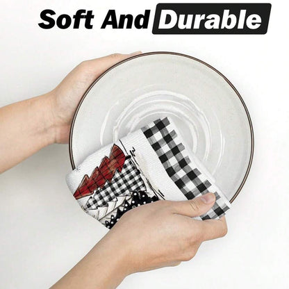 2pcs Buffalo Plaid Christmas Kitchen Towels, Santa & Tree Themed Cotton Dish Towels for Seasonal Cooking, Baking & Holiday Home Decor