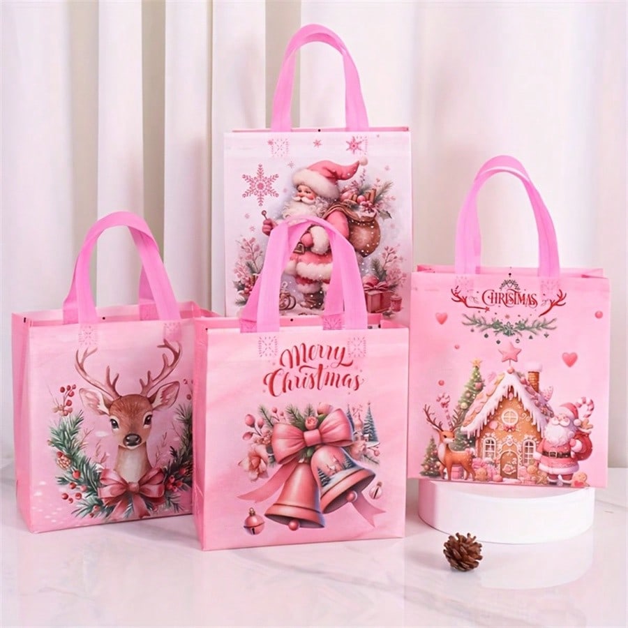8pcs Pink Christmas Tote Bags with Handles, Reusable Non-Woven Gift Bags with Santa, Elk & Bell Prints for Holiday Packaging & Festive Decor