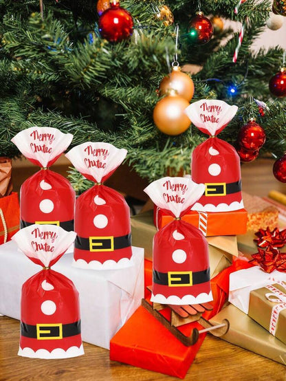 50pcs Christmas Cellophane Treat Bags with Twist Ties, Transparent Santa Claus Candy & Cookie Packaging Bags for Bakeries, Popcorn & Holiday Treats