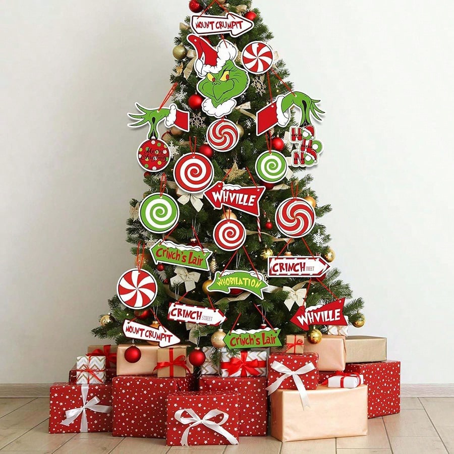 21pcs Grinch Green Paper Hanging Christmas Ornaments, Fun Tree and Room Decorations, Party Supplies for New Year and Festive Holiday Atmosphere