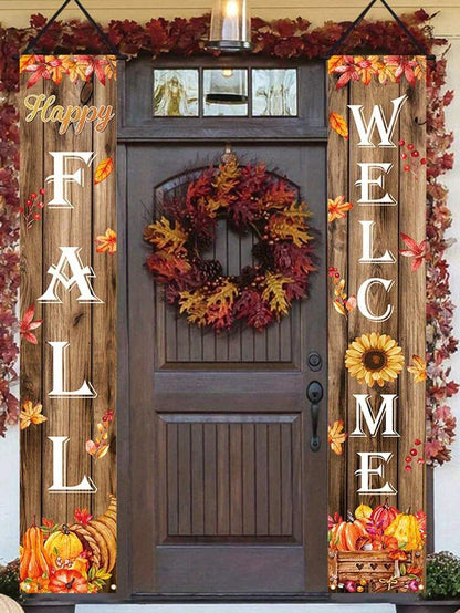 Autumn Porch Welcome Banner Set, Pumpkin & Maple Leaf Front Door Hanging Sign, Seasonal Farmhouse Fall Decoration for Indoor & Outdoor Use