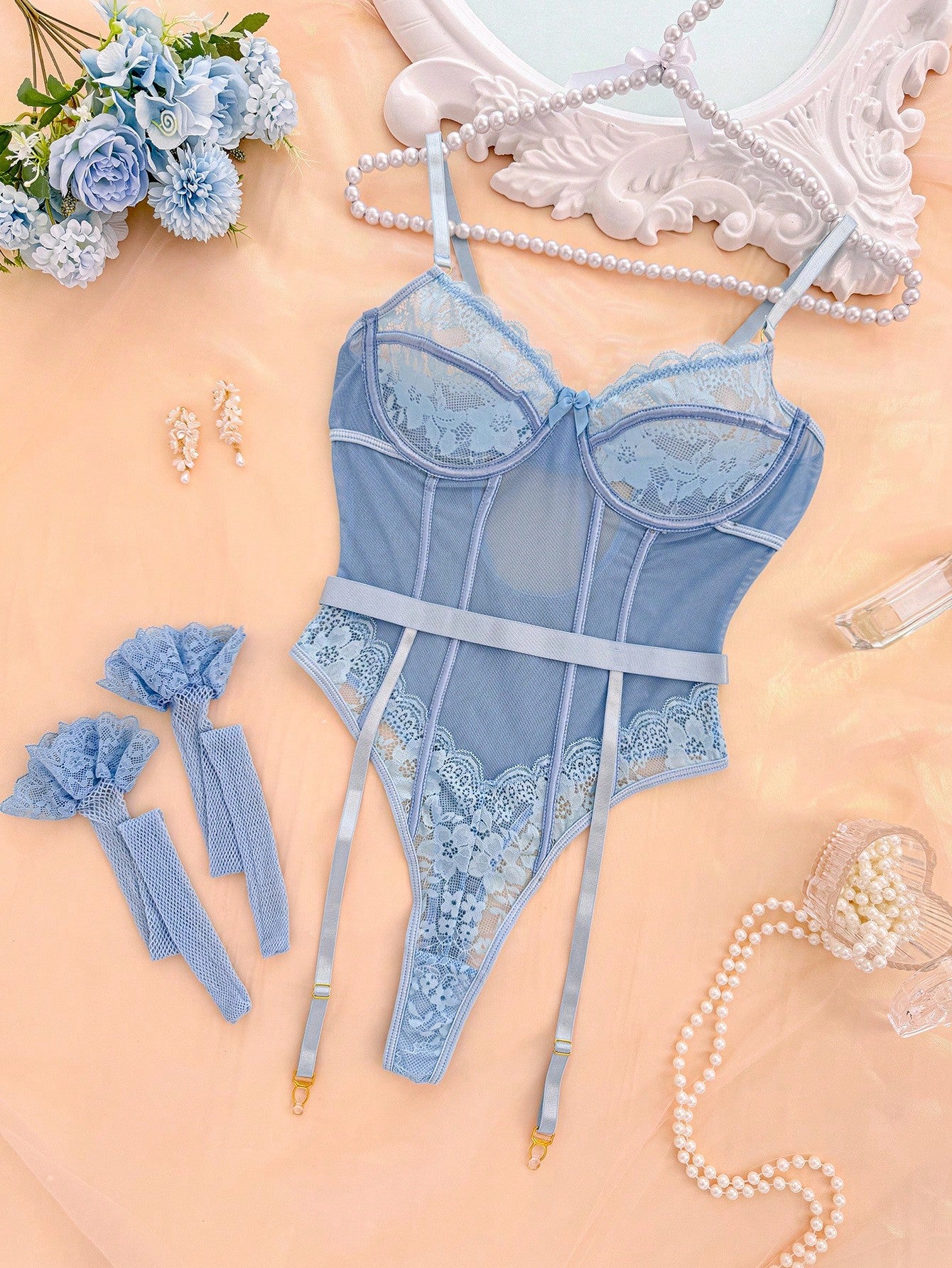 Floral Lace Underwire Garter Bustier Corset Set with Stockings