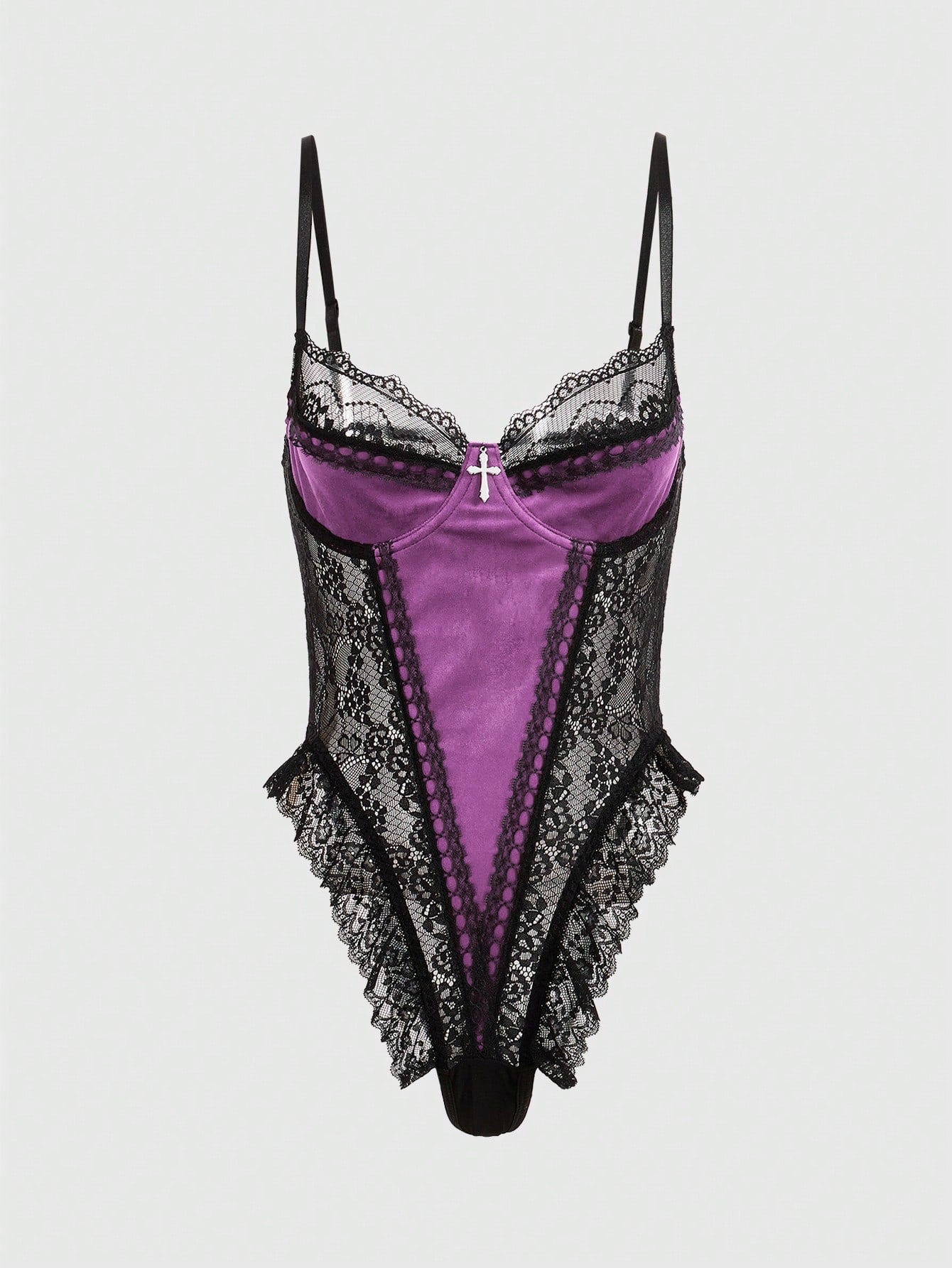 Women Contrast Lace Bodysuit With Structured One-Piece Design, Layered Lace Panel Detail, Smooth Fabric Combination, Simple Silhouette, Suitable For General Wear And Outfit Styling