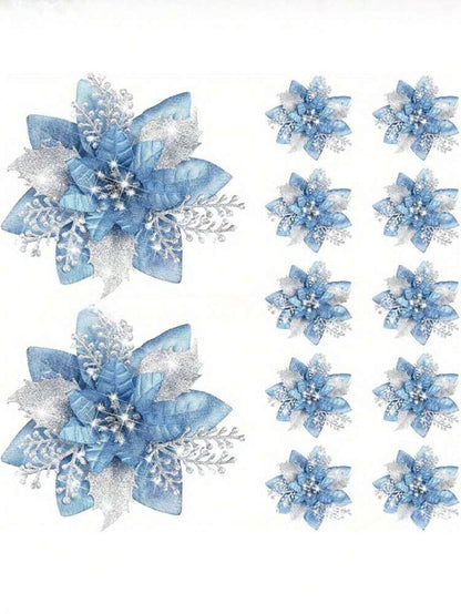 10pcs Blue Poinsettia Christmas Tree Flowers, 5.7" Artificial Holiday Ornaments, Reusable Feather-Free Floral Decorations for Xmas Trees & Home Décor