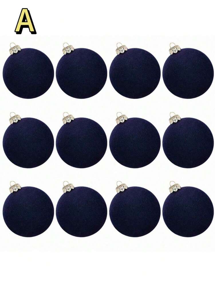 12pcs Velvet Flocked Christmas Decoration Balls, Drop-Proof Plastic Ornaments, Elegant Tree Baubles for Parties, Birthdays, or Holiday Photoshoots
