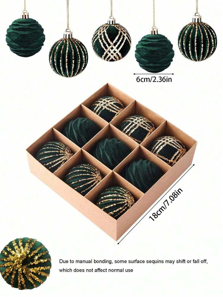 9pcs Green Velvet Christmas Tree Ball Ornaments, Flocked Painted Shatterproof Hanging Décor for Holiday Trees & Home Display