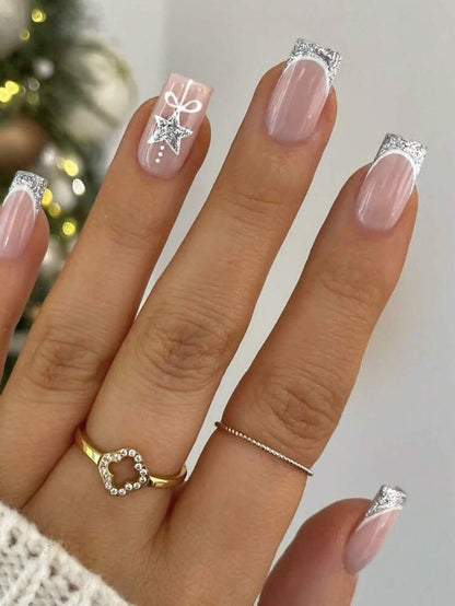 24pcs Short Square Champagne Glitter Christmas Press On Nails, Snowflake Full Cover Holiday False Nails For Women Nail Art Supplies