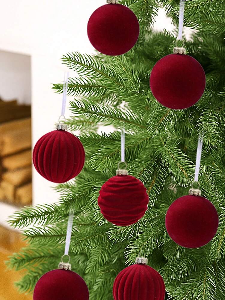 12pcs Burgundy Velvet Christmas Ball Set, Soft Flocked Pom Pom Ornaments, Luxurious Baubles for Holiday Trees, Gifts, and 2026 New Year Decorations