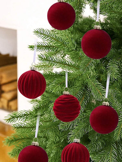 12pcs Burgundy Velvet Christmas Ball Set, Soft Flocked Pom Pom Ornaments, Luxurious Baubles for Holiday Trees, Gifts, and 2026 New Year Decorations