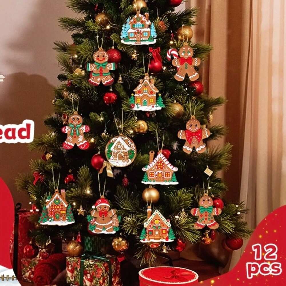 12pcs Gingerbread House Hanging Ornaments, Cute Christmas Tree Decorations for Home, Parties, and Holiday Gift Giving