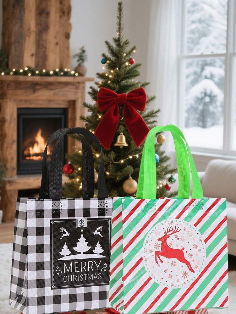 25pcs Red & Black Plaid Christmas Gift Bags, Non-Woven Holiday Tote Bags with Reindeer & Stocking Prints