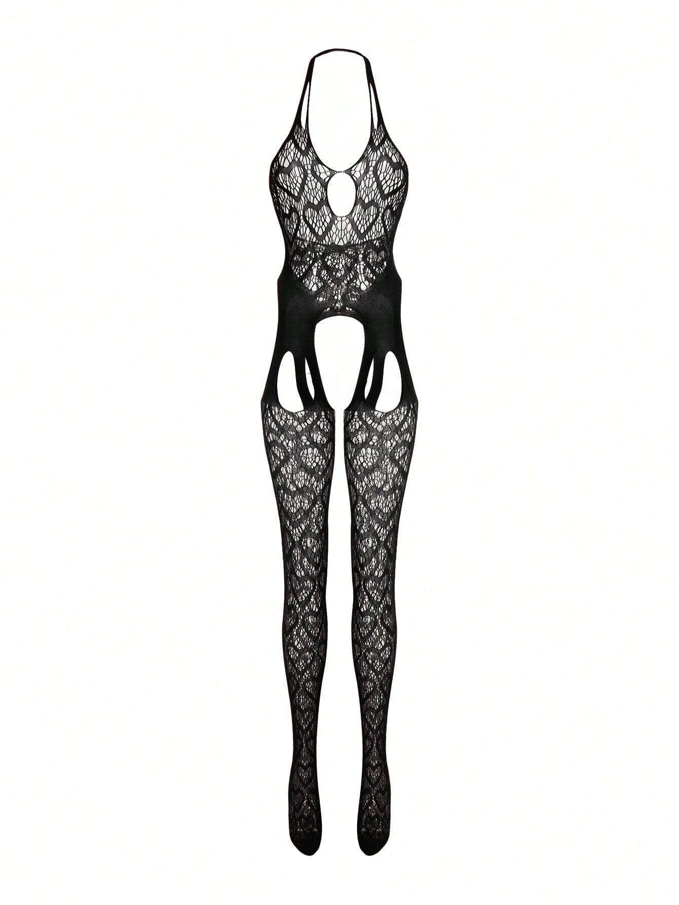 Heart Mesh Full Coverage Footless Crotchless Backless Halter Sexy Jumpsuit For Women For Going Out