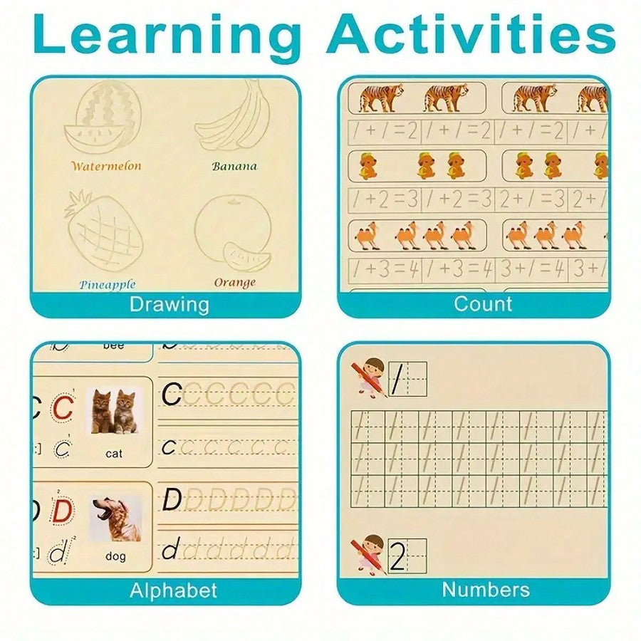 4pcs Magical Reusable Handwriting Workbooks, Magic Calligraphy Copybook Set with Pen and Refills, Fun Tracing Practice Books for Preschool Writing