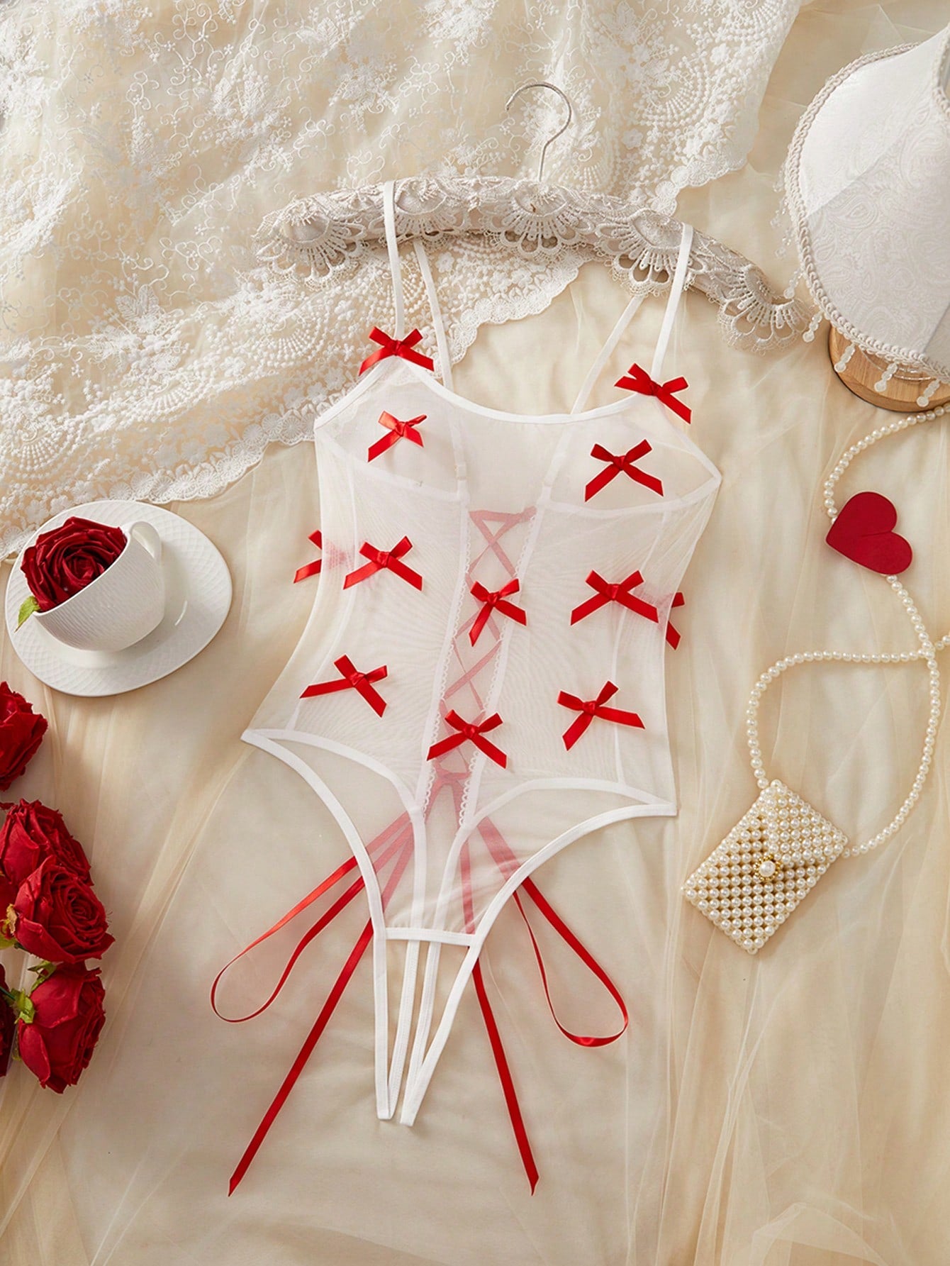 Women Solid Color Teddy Bodysuit With Lace Up Detail And Bow Accent Decoration, Sheer Fabric Construction, One-Piece Structure With Clean Lines, Suitable For General Wear And Styling