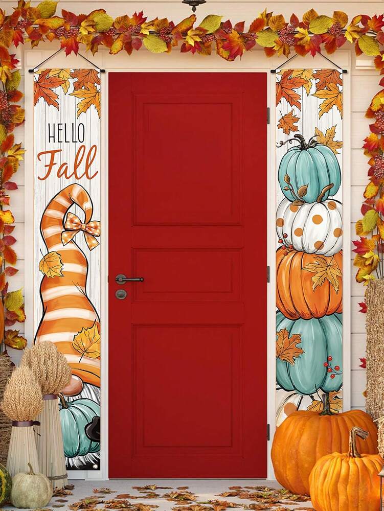 Thanksgiving Pumpkin Gnome Door Banner Set, 30x180cm Polyester Hanging Porch Sign, Autumn Harvest Decoration for Farmhouse Indoor & Outdoor Display