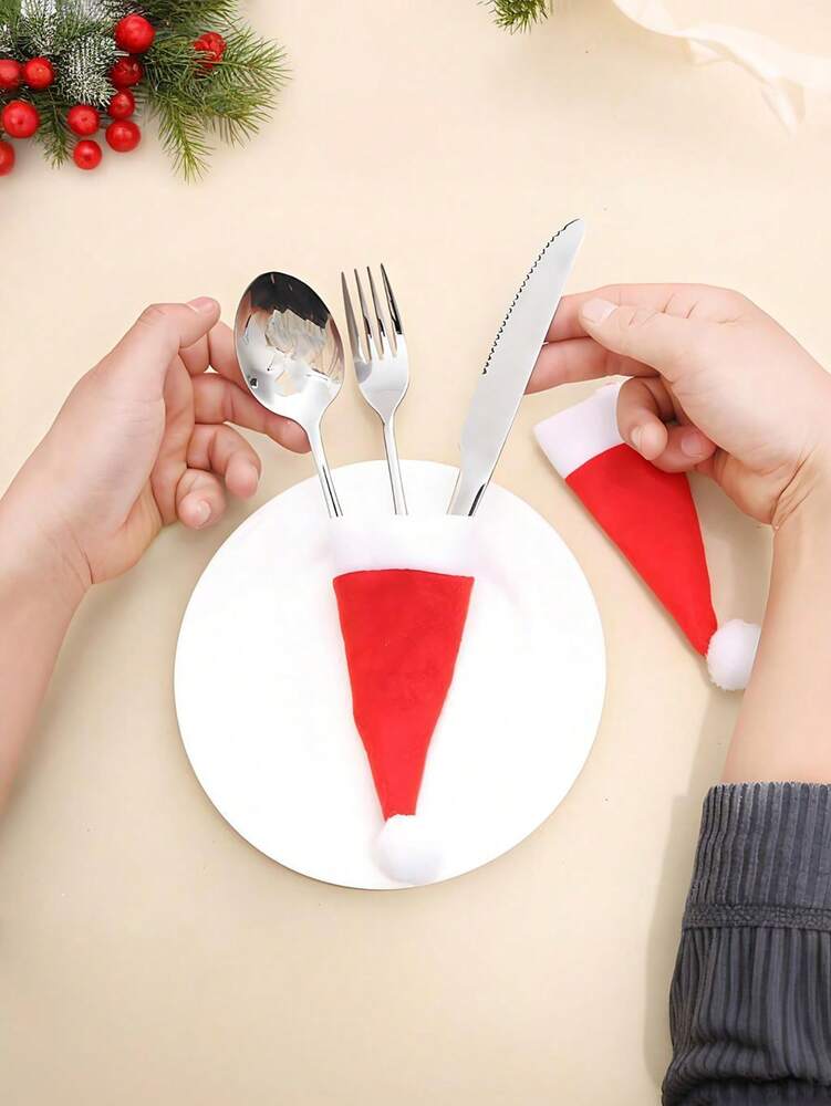 24pcs Mini Santa Hats, Red and White Pom-Pom Table Accessories for Christmas Dining, Wine Bottles, and Party Decorations