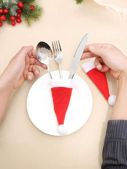 24pcs Mini Santa Hats, Red and White Pom-Pom Table Accessories for Christmas Dining, Wine Bottles, and Party Decorations