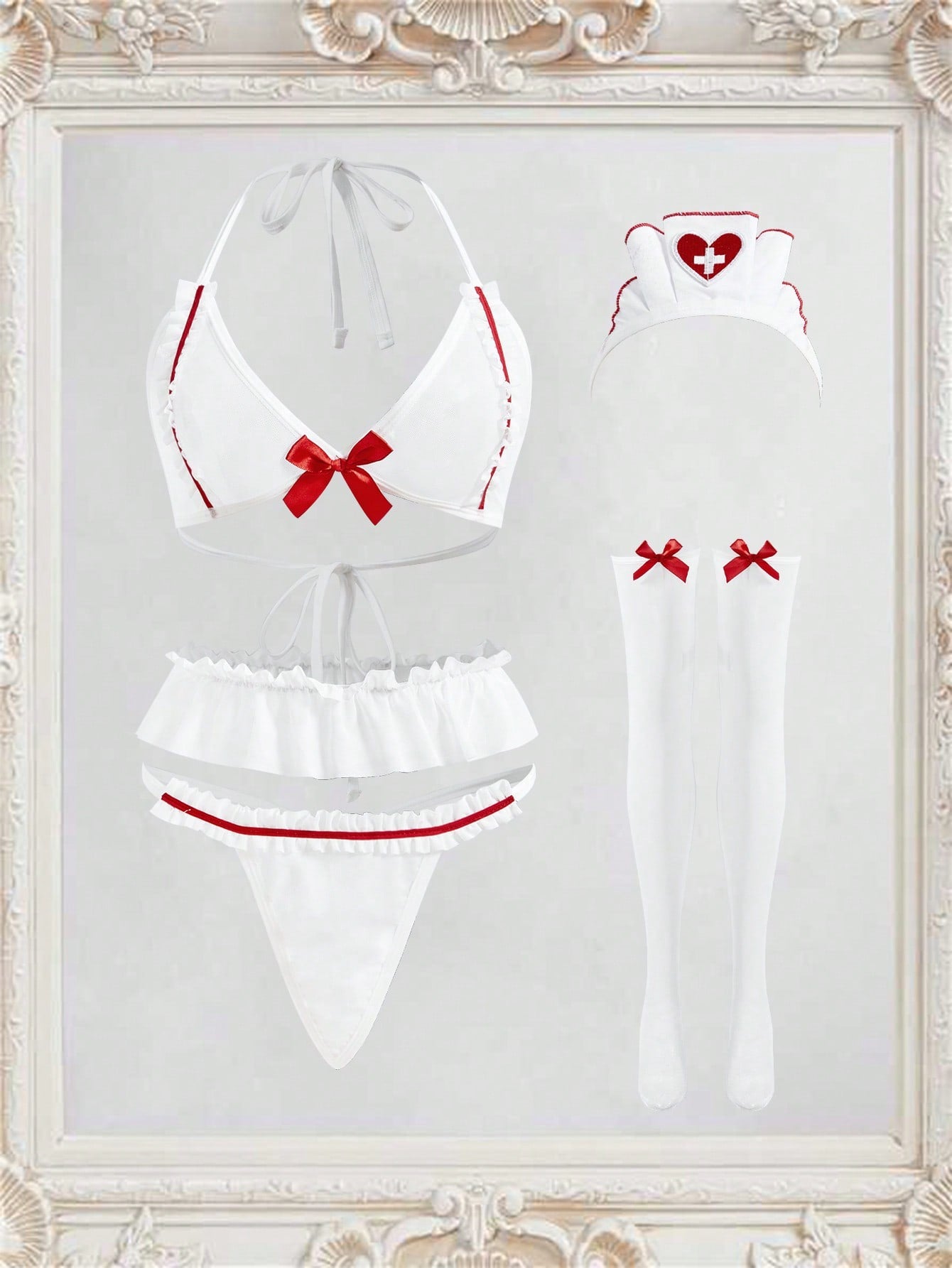 6pcs Sexy Nurse Cosplay Costume, Red & White Women Lingerie Outfit, Rave