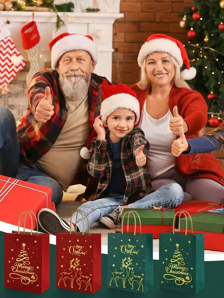 48pcs Christmas Paper Gift Bags with Handles, Red & Green Reindeer and Tree Pattern Foldable Shopping Bags for Holiday Packaging & Home Decor