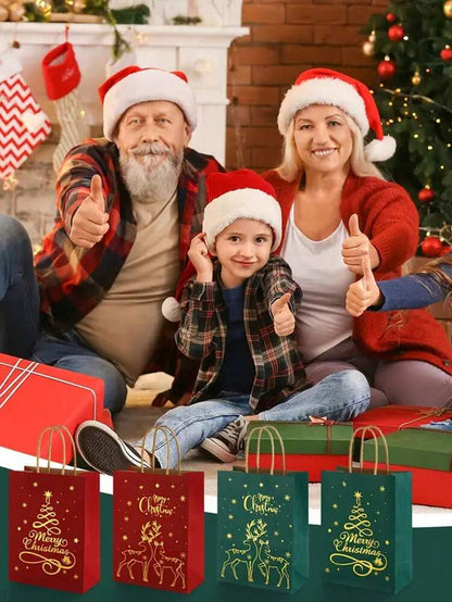 48pcs Christmas Paper Gift Bags with Handles, Red & Green Reindeer and Tree Pattern Foldable Shopping Bags for Holiday Packaging & Home Decor