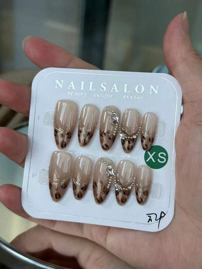 10pcs Leopard Print Press On Nails, Shibuya Gyaru French Gold Edge Design With Star And Butterfly Charms, Vintage Y2K Nail Set