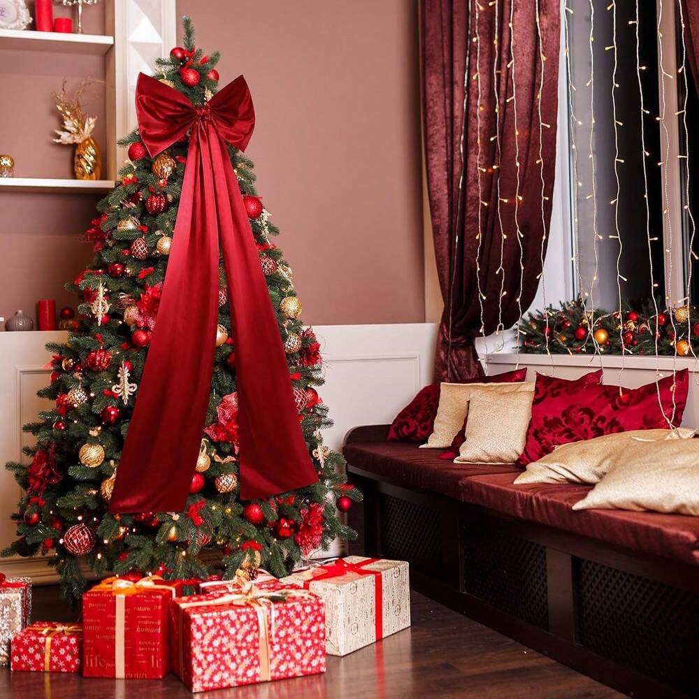 Large Wine Red Christmas Tree Topper Bow, Extra Satin Ribbon Decoration for Tree, Wreath & Wall, Elegant Holiday Home Decor