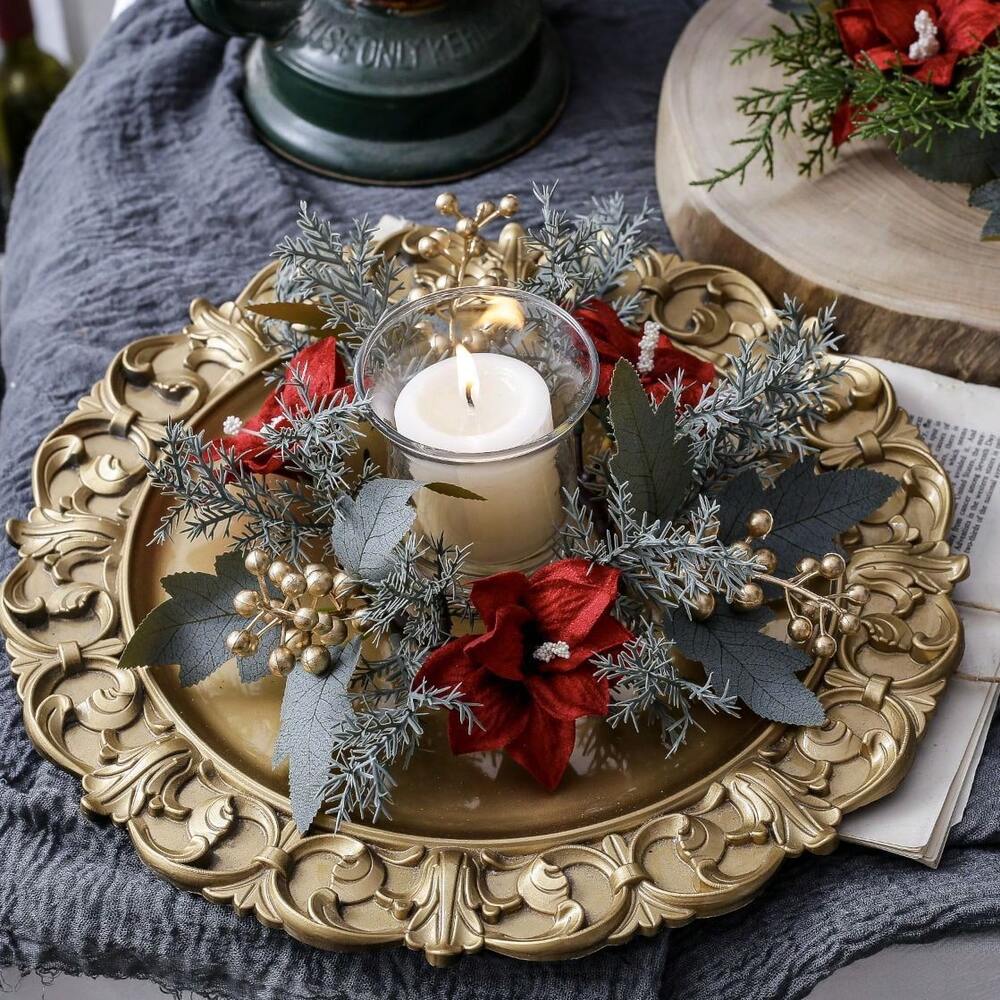 Christmas Candle Ring Holder with Red Flowers, Gold Berries & Greenery, Holiday Table Centerpiece