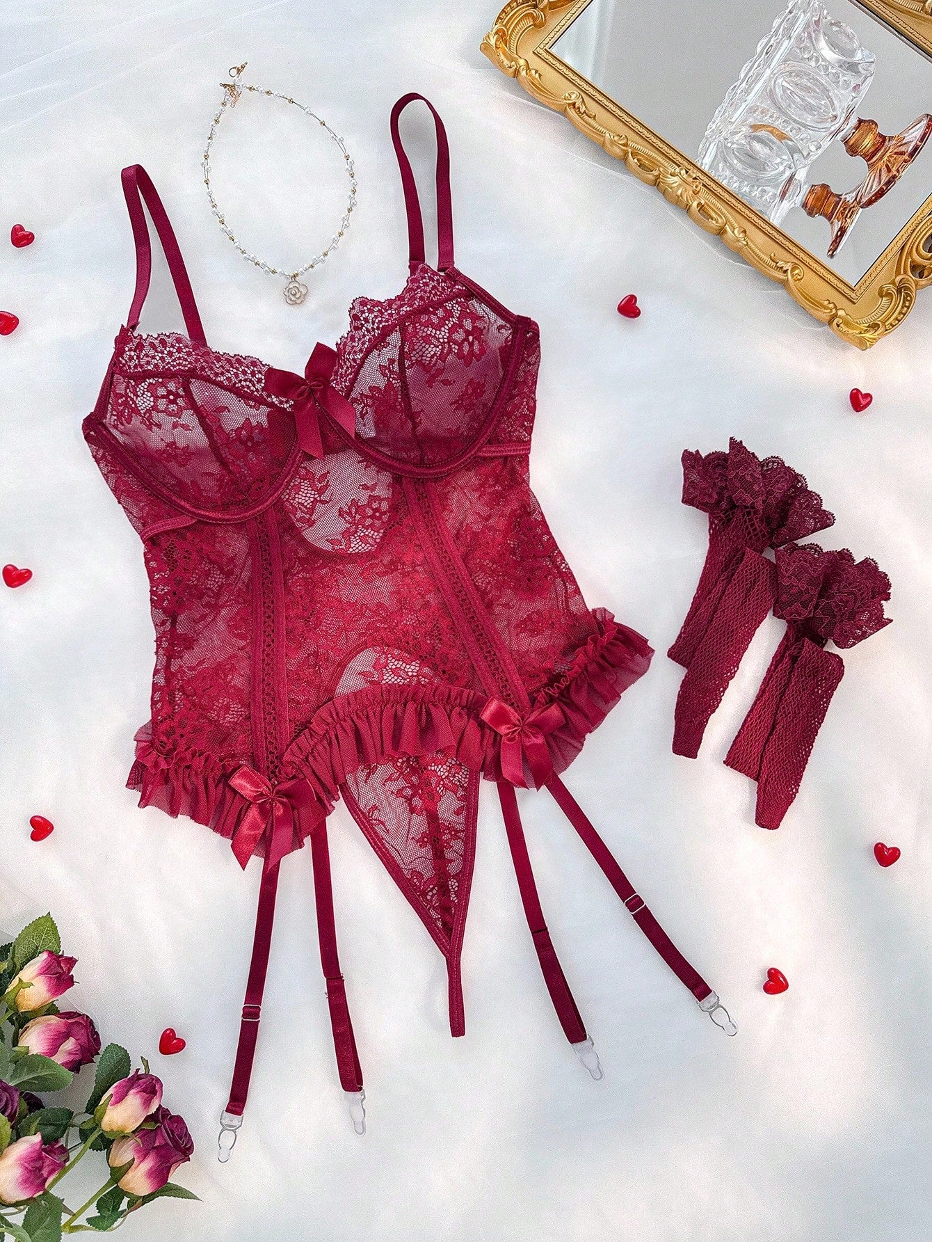 4-Piece Corset Sexy Lingerie Set with Underwire Bra Thong and Fishnet Stockings