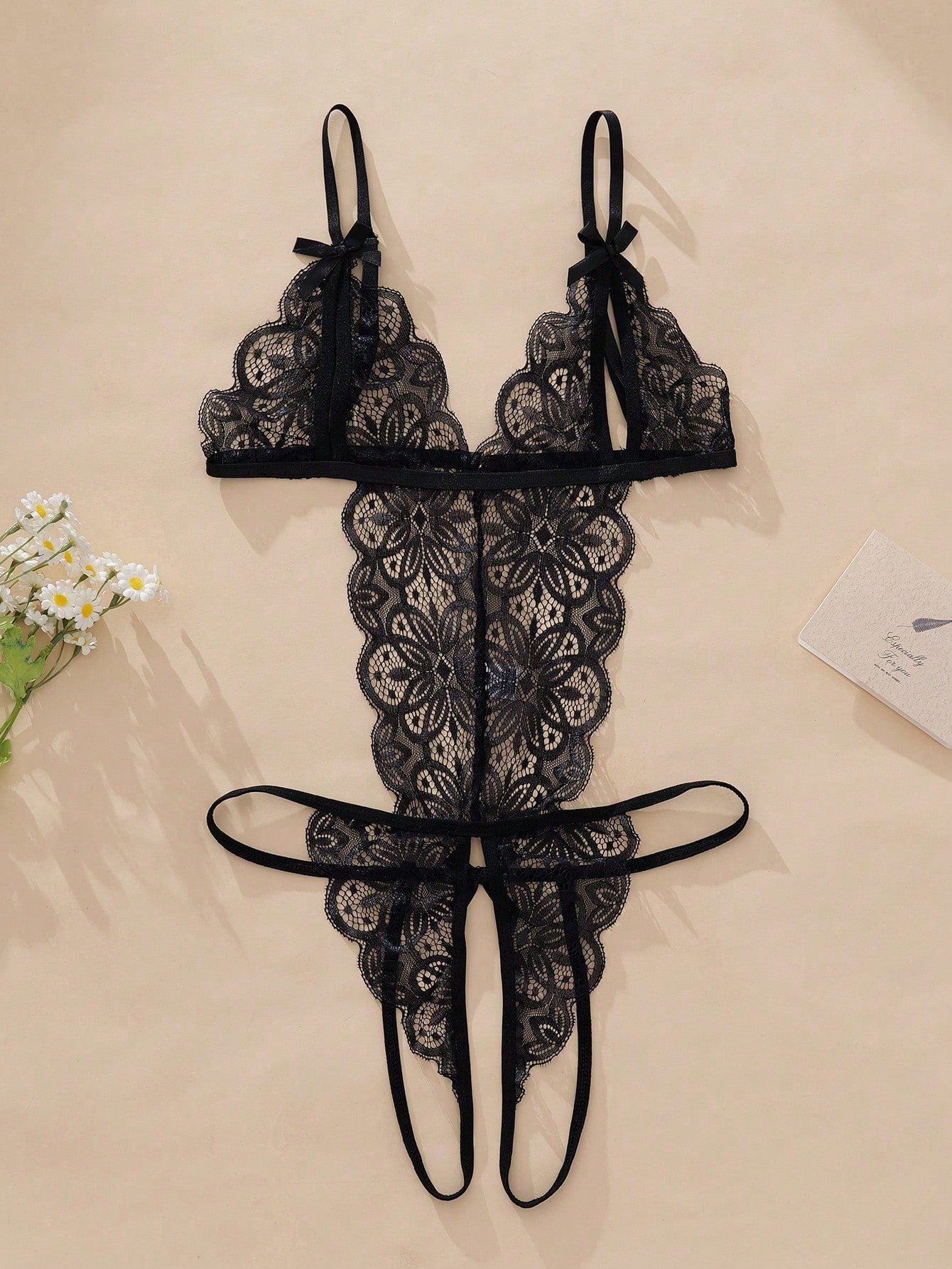 Women's Hollow Out Sheer Bow Floral Lace Elastic Backless Sexy Bodysuit Lingerie, Women's Sexy Teddy Bodysuit, Suitable For Going Out
