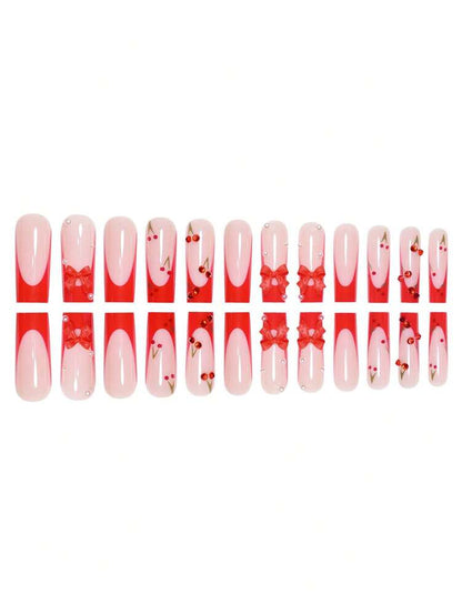 24pcs Soft French Press On Nails, Black And Red Plum Blossom Pattern, Romantic Dark Style Nail Set With File For Women Daily Wear