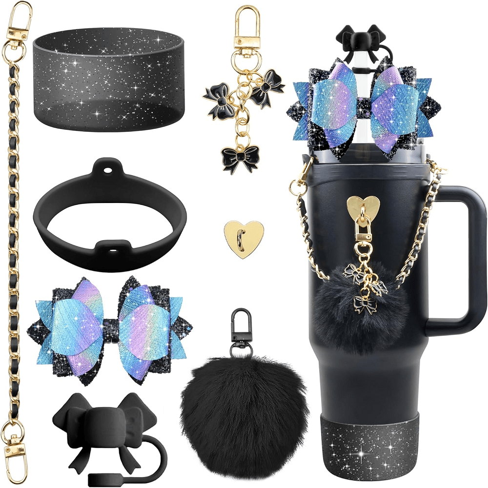 Bling Tumbler Accessory Set for 40oz/30oz Cups, Includes Silicone Bow Straw Topper, Leather Handle Strap & Decorative Charms