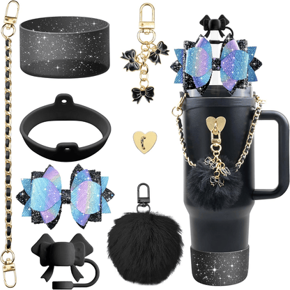 Bling Tumbler Accessory Set for 40oz/30oz Cups, Includes Silicone Bow Straw Topper, Leather Handle Strap & Decorative Charms