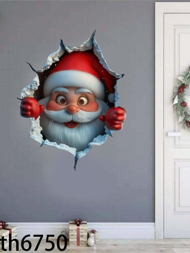 3D Santa Claus Wall Decal Sticker, DIY Breakthrough Vinyl Mural, Removable Christmas Decoration for Home, Office, or Holiday Party Background Decor
