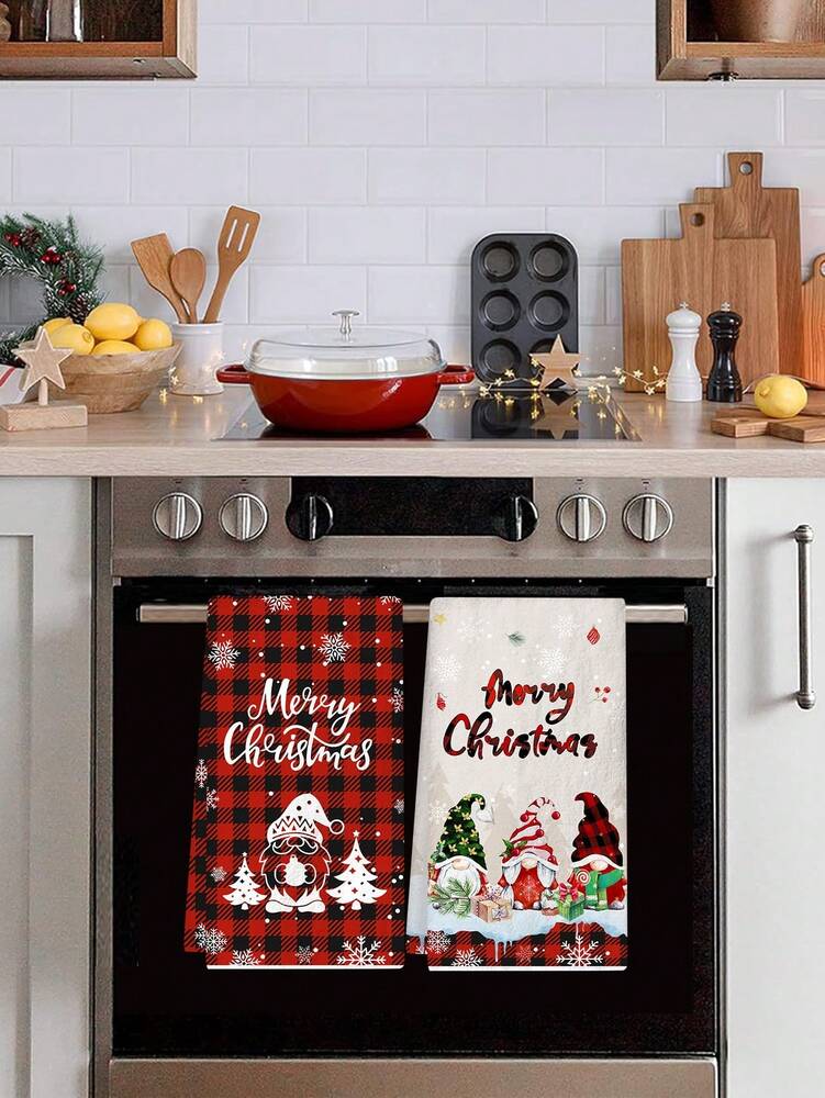 2pcs Christmas Gnome Hand Towels, Red & Black Plaid Microfiber Kitchen & Bathroom Towels, Soft Absorbent Holiday Home Decor